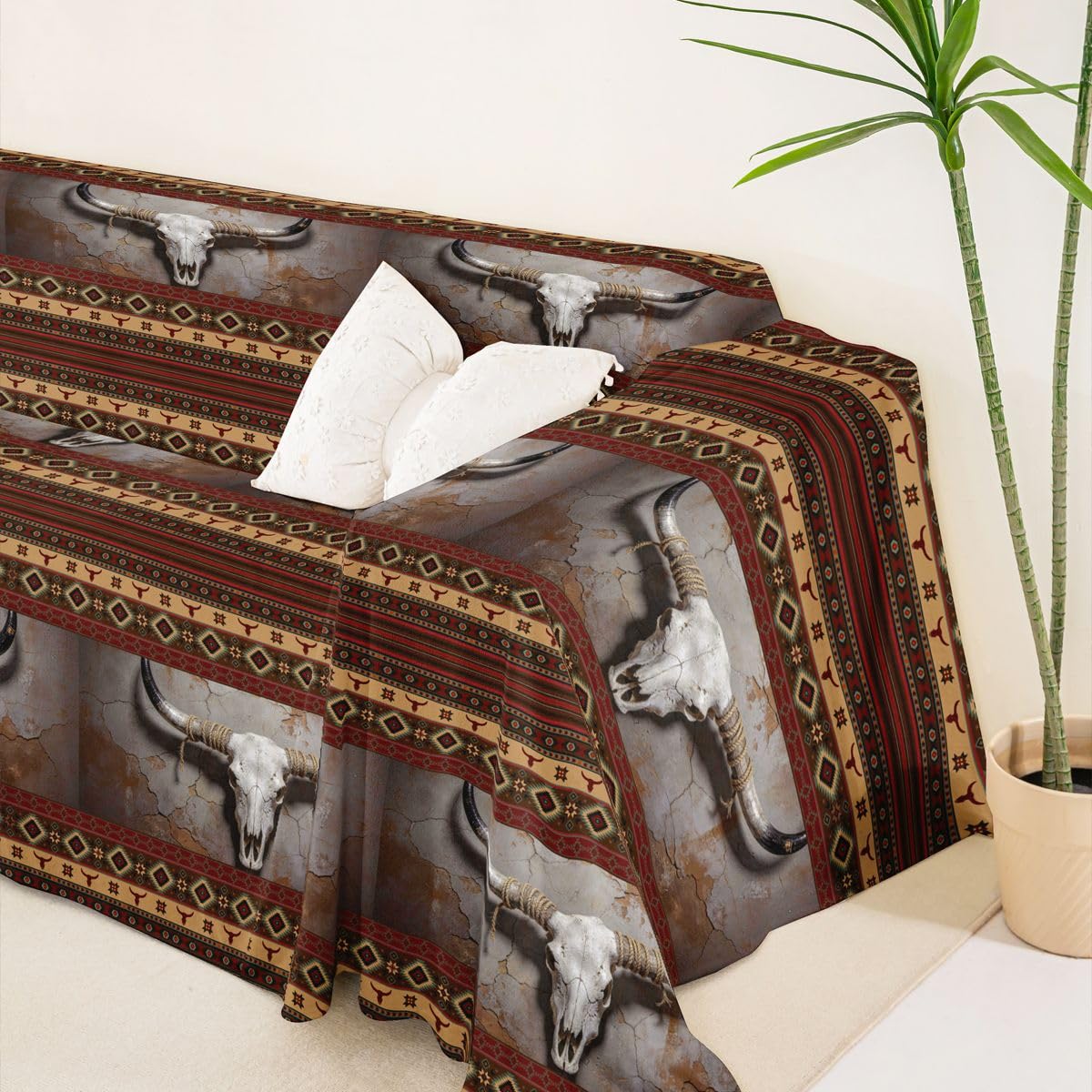 Homewish Zachodni aztecki pokrowiec na sofę, egzotyczny byk, czaszka, przyjazny dla zwierząt, ochraniacz na kanapę, południowo-zachodni boho, na sofę, rustykalny dom wiejski, ochraniacz na meble dla