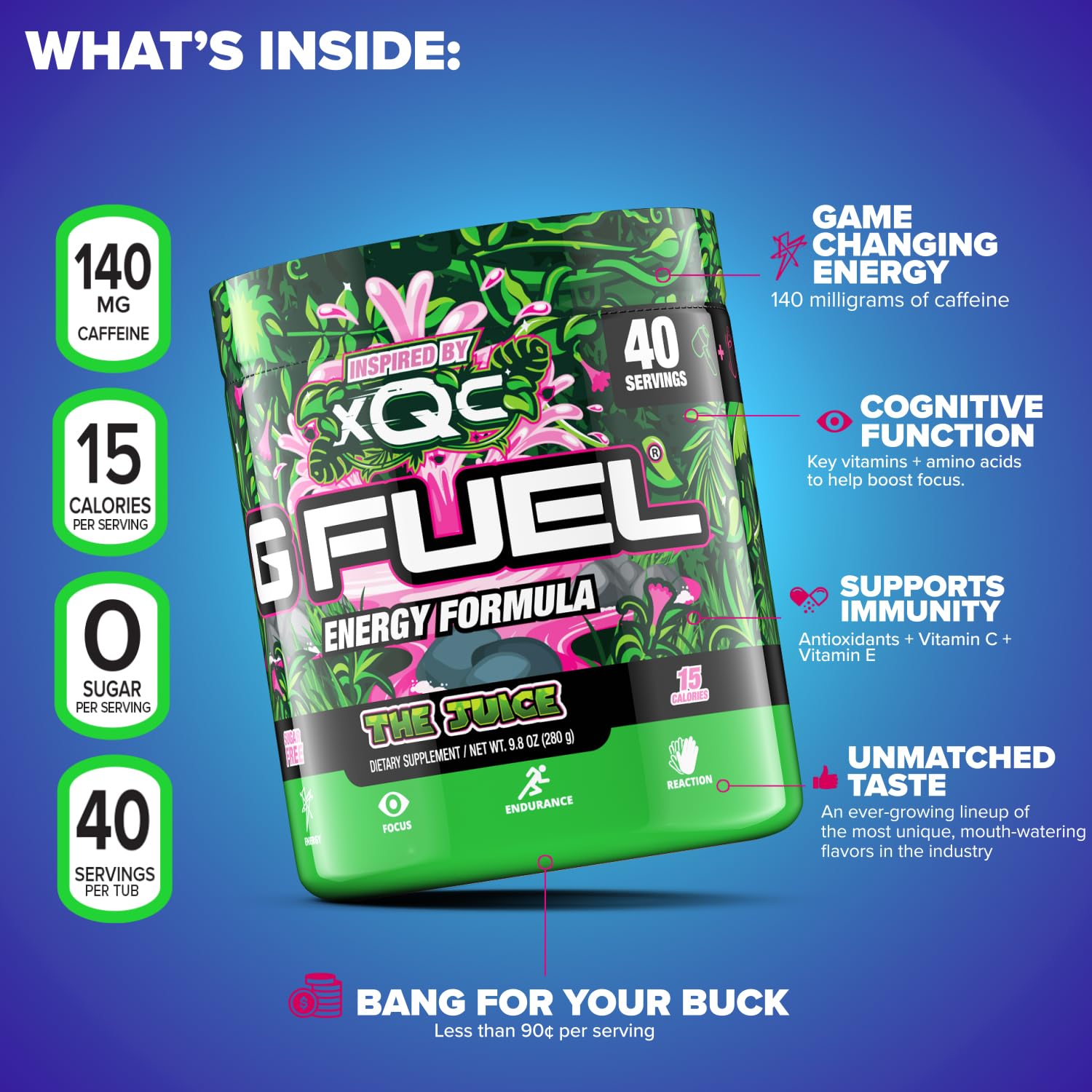 G Fuel The Juice – Inspired by xQc Orange Pineapple Melon Punch Flavored Game Changing Elite Energy Powder, Sharpens Mental Focus, Zero Sugar, Supports Immunity and Enhances Mood 9.8 oz (40 servings) : Health & Household