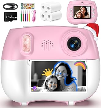 Kids Instant Print Camera for Girls 3-12 - 1080P Zero Ink Kids Instant Camera with 32GB SD Card - Portable Toy Camera Birthday for Toddlers 3 4 5 6 7 8 9 10 Girls Boys Pink