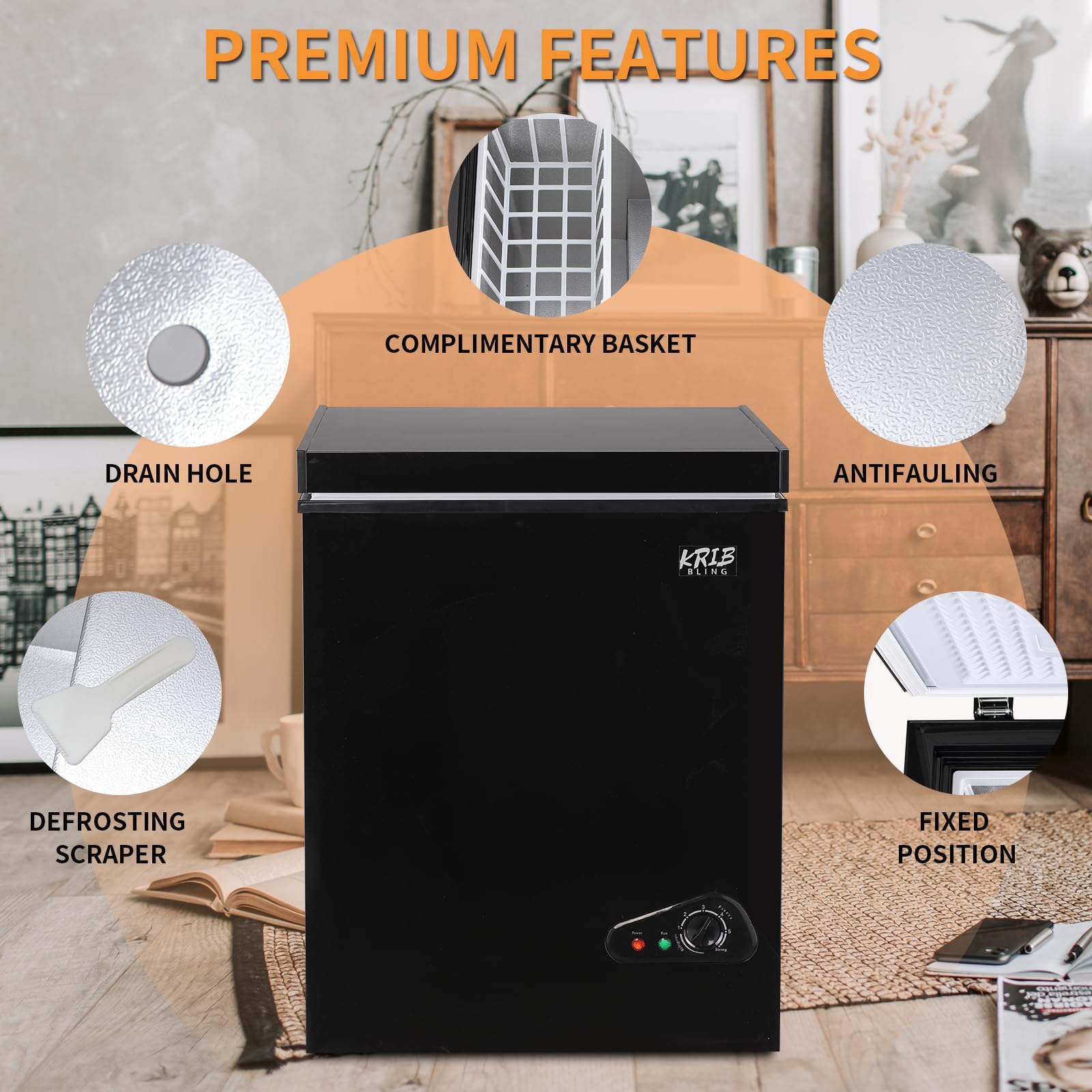 Krib Bling Chest Freezer With Removable Basket, 3.5 Cu. Ft Mini Freezer 7 Temperature Levels Thermostat, Top Door Open, Ideal For Home, Kitchen & Office, Black on Fridge.com - View 6