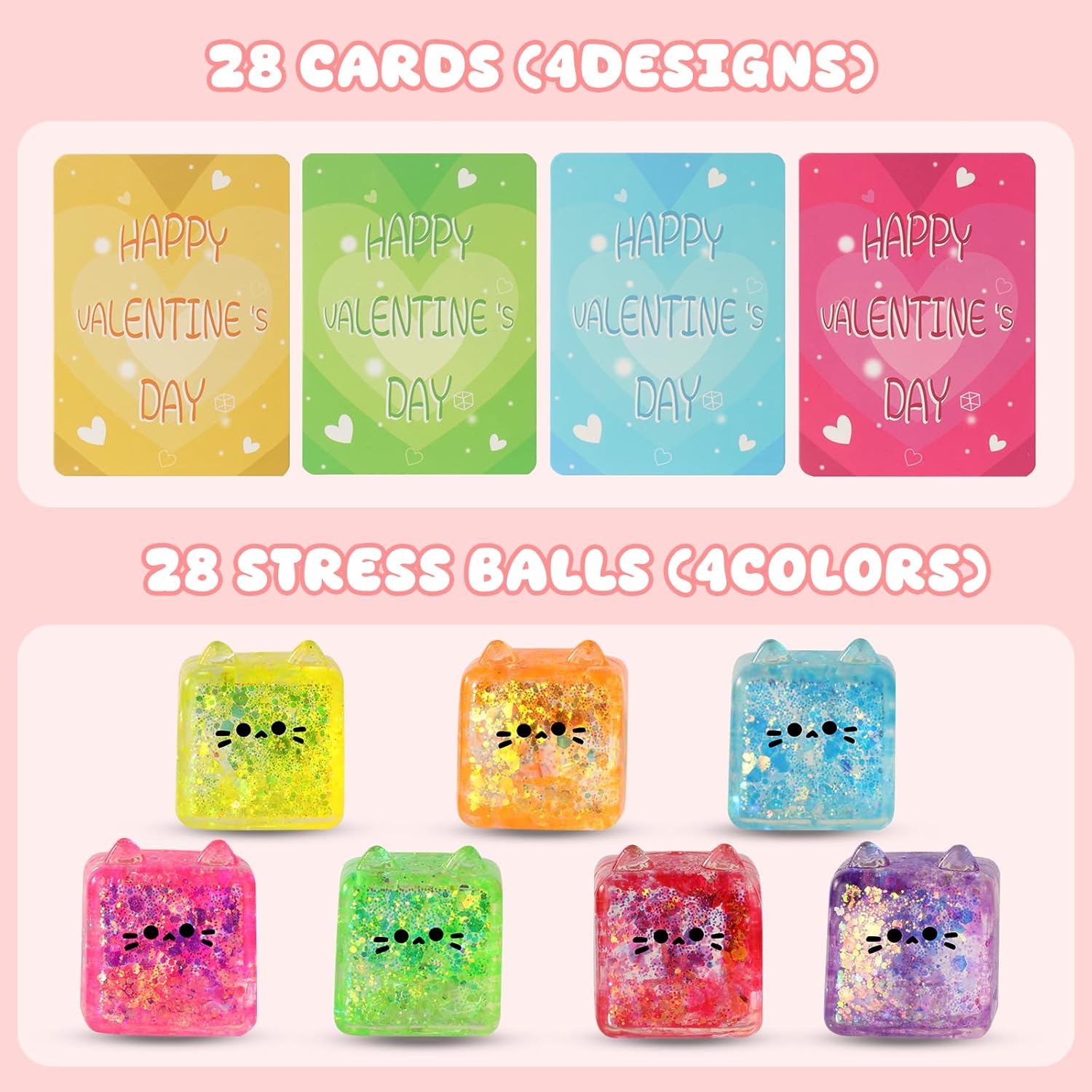 28 Pack Fidget Squishy Toys - Square Cat Shaped Stress Balls & Cards Set, Glitter Squishy Fidget Toys for Classroom Exchange, Party Favors, Anxiety Relief