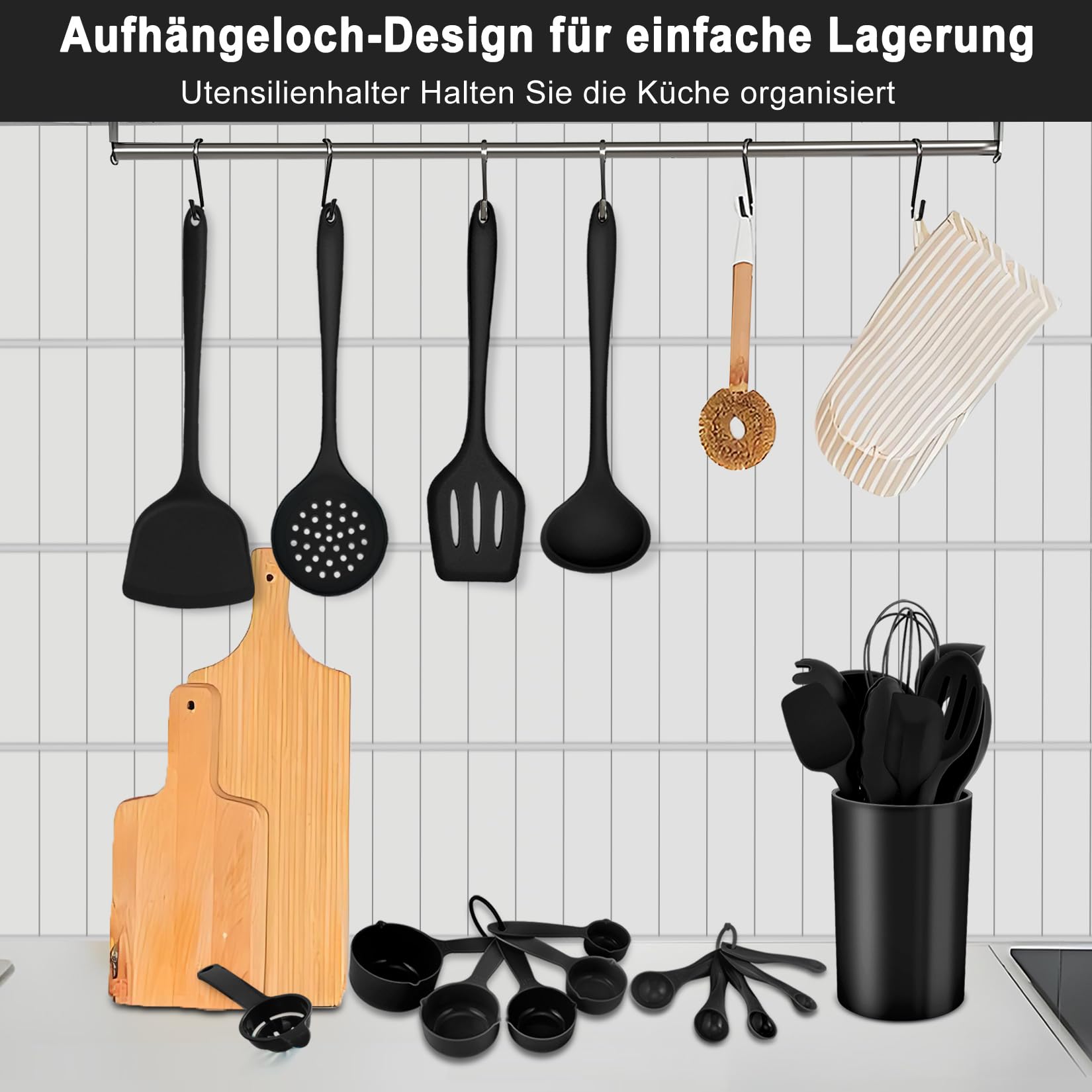 Onader Set di utensili da cucina in silicone, 25 pezzi (25, nero)