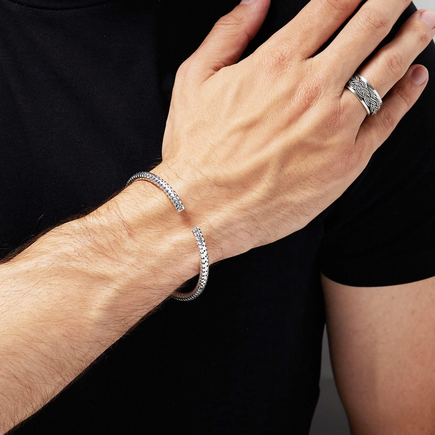 Men's Solid Sterling Silver Bangle Bracelet - Adjustable Size Silver Bracelet for Men