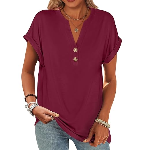 ANRABESS Womens Short Sleeve Henley Tops V Neck Dressy Casual Blouses Summer Trendy Tee Shirts 2026 Vacation Fashion Clothes