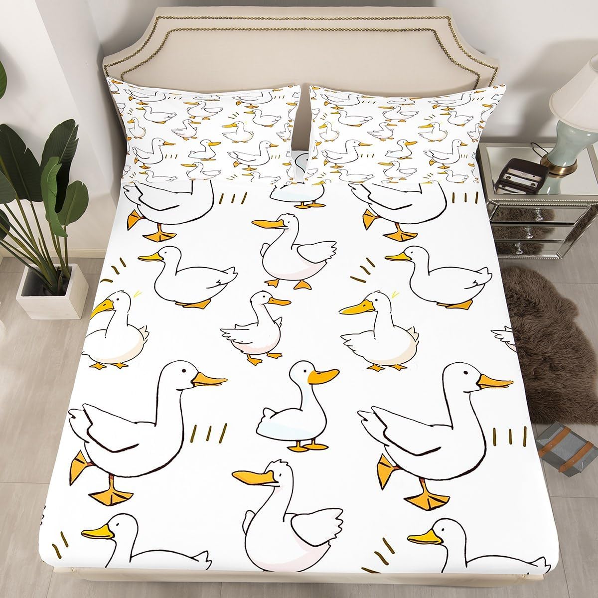 Cartoon Duck Fitted Sheet Full Size,Lovely Goose Funny Sketch White Mattress Cover(1 Fitted + 2 Pillowcases),Cute Farmhouse Livestock Animal All Round Elastic Pocket Bed Cover,Polyester