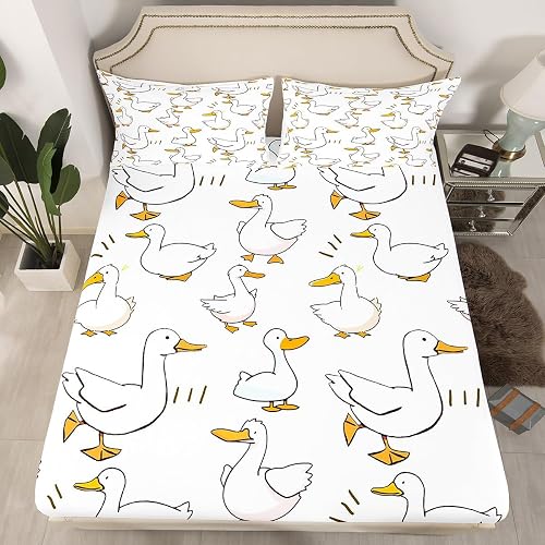 Cartoon Duck Fitted Sheet Full Size,Lovely Goose Funny Sketch White Mattress Cov