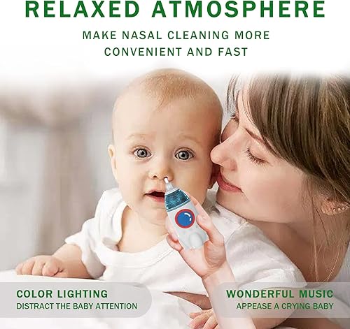 Miniatura 2 de Hisany Succión eléctrica de nariz para bebé limpiador de nariz para niños pequeños con 3 puntas de silicona, función calmante de música y luz, 3