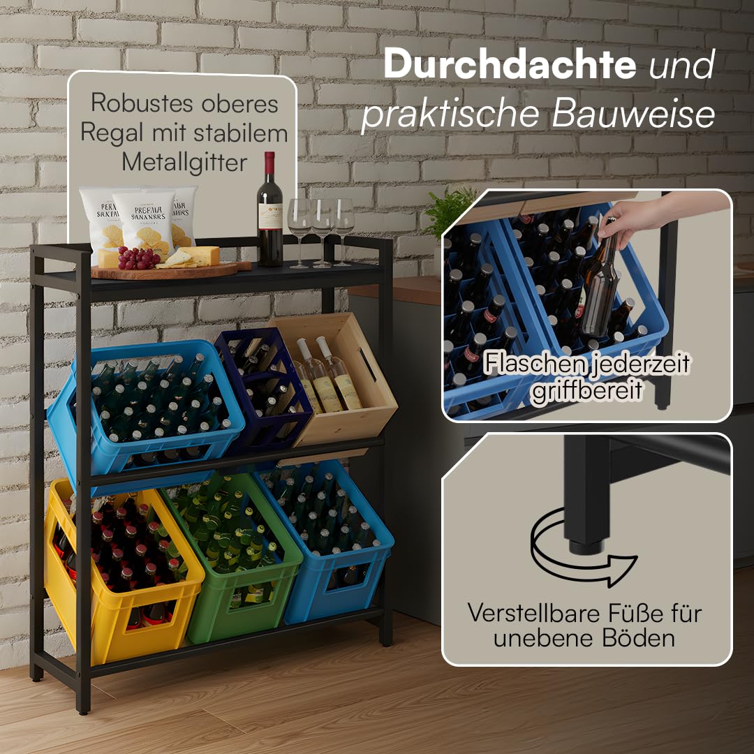 STEELSØN Astris Getränkekistenregal mit Ablage – stabiles & platzsparendes Getränkeregal für 6 Kisten – Kistenregal Schwarz Metall – Kastenständer für Getränkekisten & Obst – Bierkisten Regal