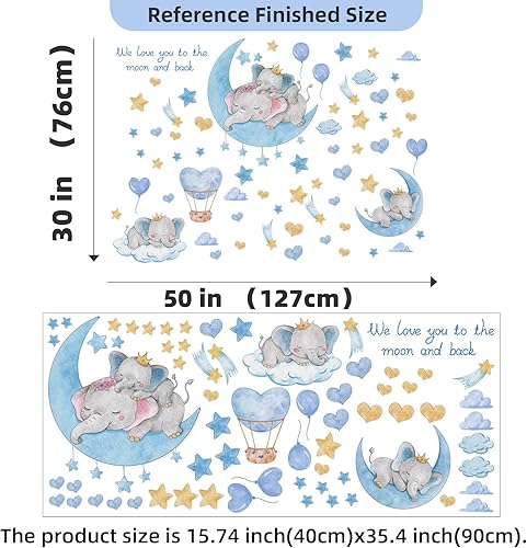 Miniatura 5 de Suplante - Calcomanías de pared con diseño de elefante, nubes, luna, estrellas, globo aerostático, calcomanías de pared para habitación de niños y