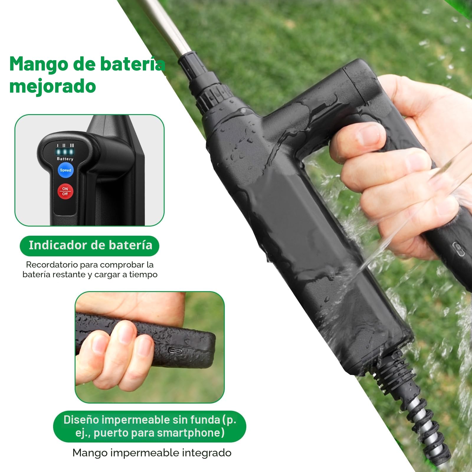 SYLSTAR Pulverizador Eléctrico 8m, 3 Velocidades Pulverizador Bateria Recargable, 7.4V Potente Pulverizador Plantas con 4 Boquillas Ajustables para Jardín, Patio, Césped