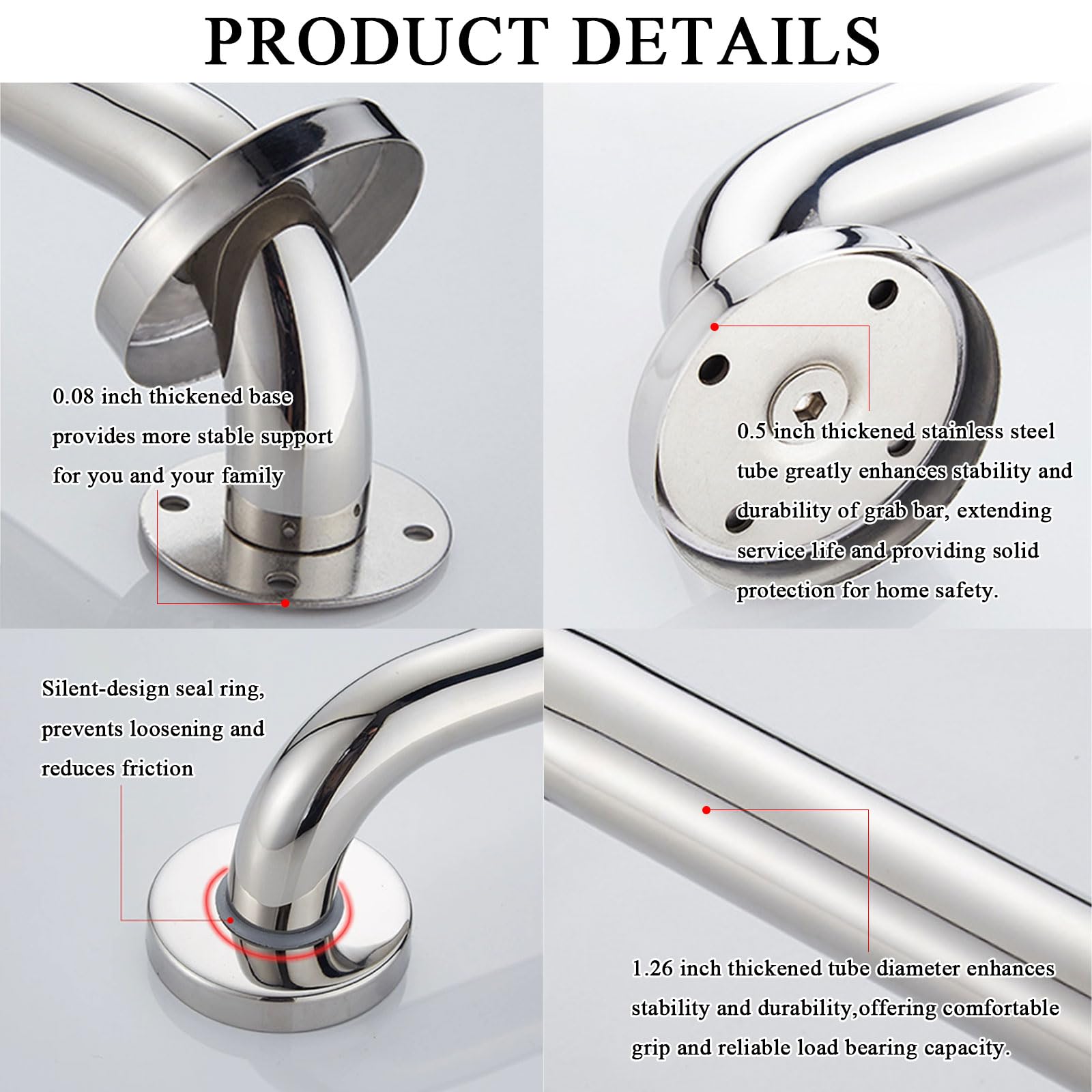 Barras de agarre de ducha, pasamanos de acero inoxidable para baño, soporta 500 libras, diseño de tornillo oculto para mayor seguridad, ideal para ancianos, discapacitados, asistencia de lesiones
