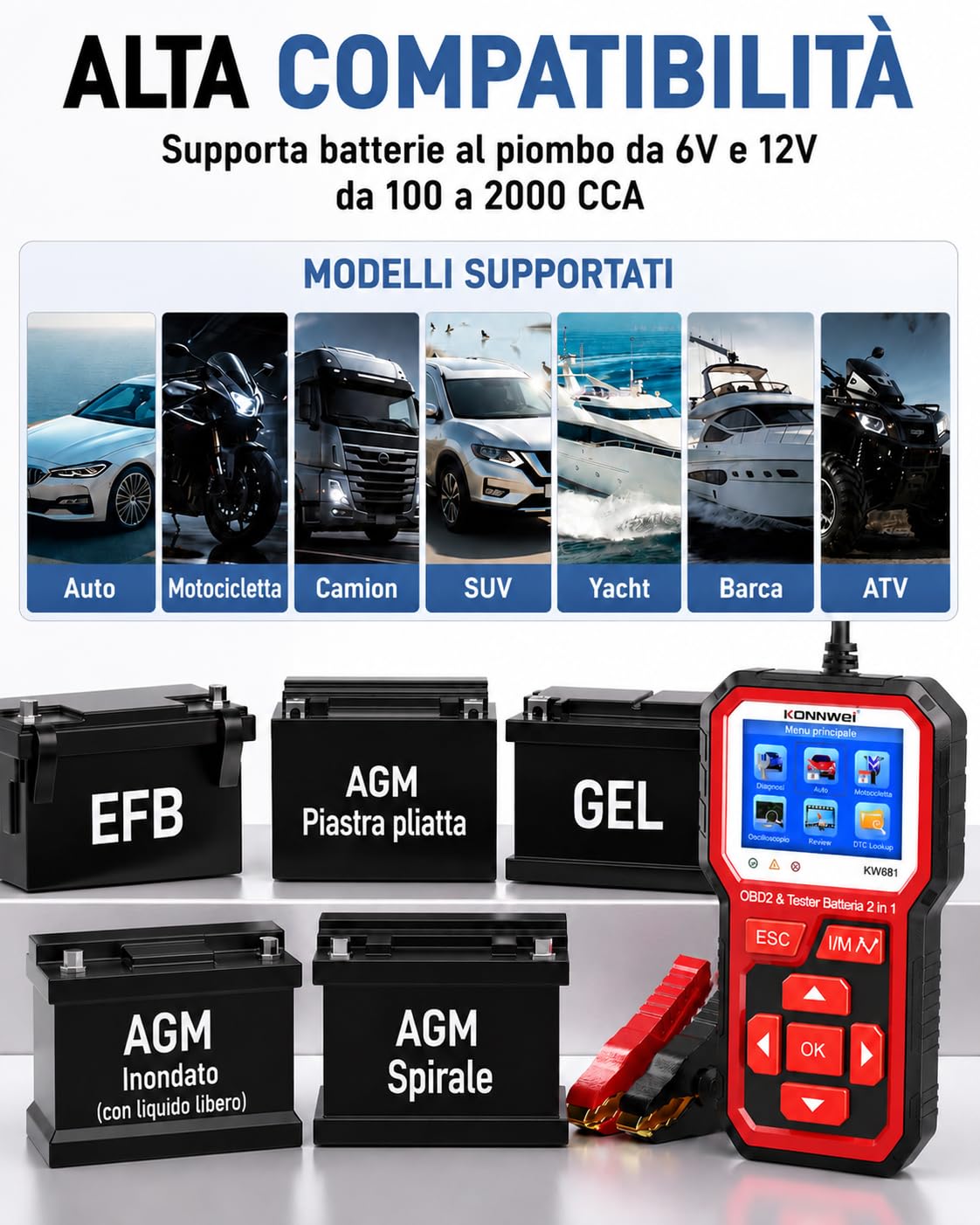 KONNWEI KW681 - Valigia diagnostica auto 2 in 1, lettore OBD2 diagnostico auto con tester batteria auto 6 V/12 V, test batteria CCA/SOH/SOC, compatibile con veicoli Benzina | Diagnosi del veicolo