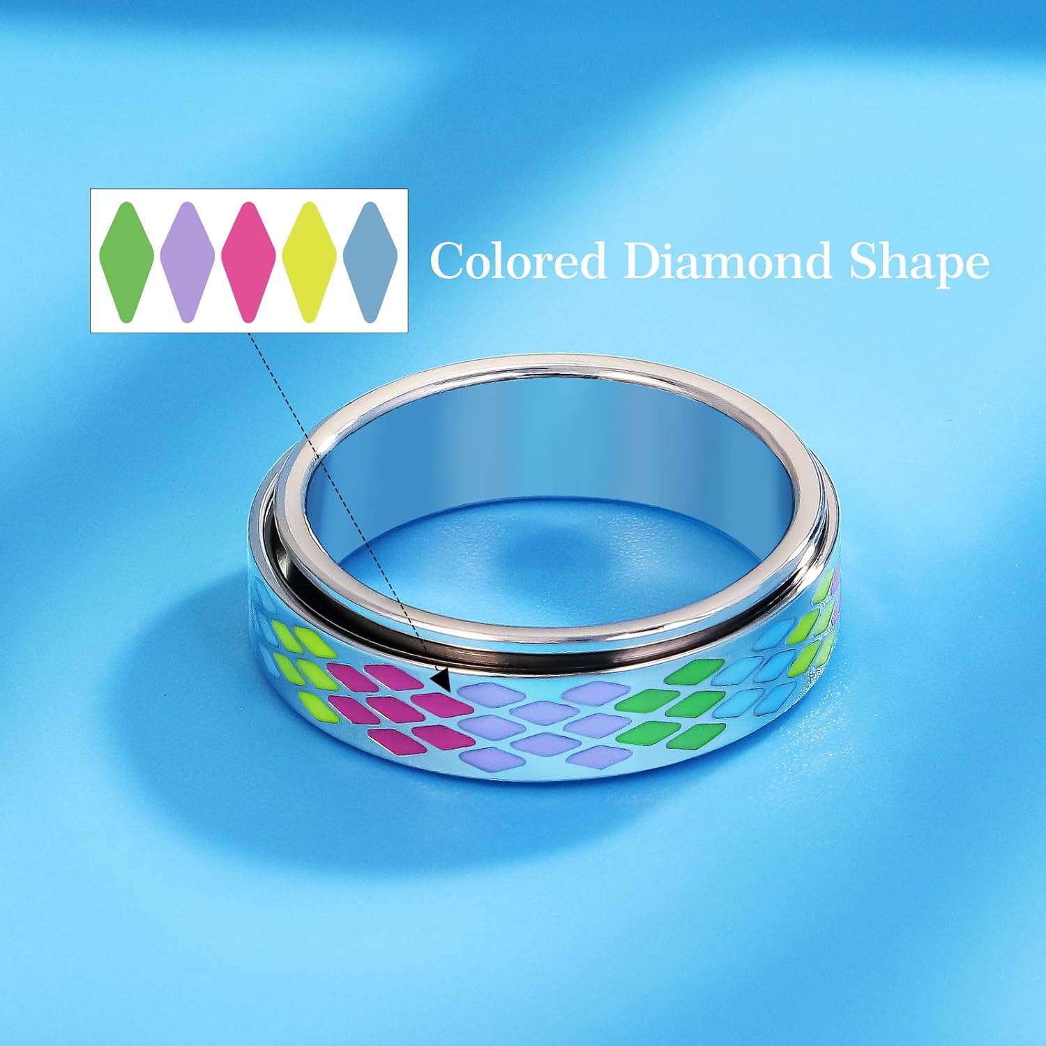 AmorArtSky Checkered Fidget Ring for Adults - 18K Gold Plated Stainless Steel Rotating Spinner Jewelry, Anxiety & Stress Relief Gift for Women/Men (Multicolor Diamond Pattern) - Image 5