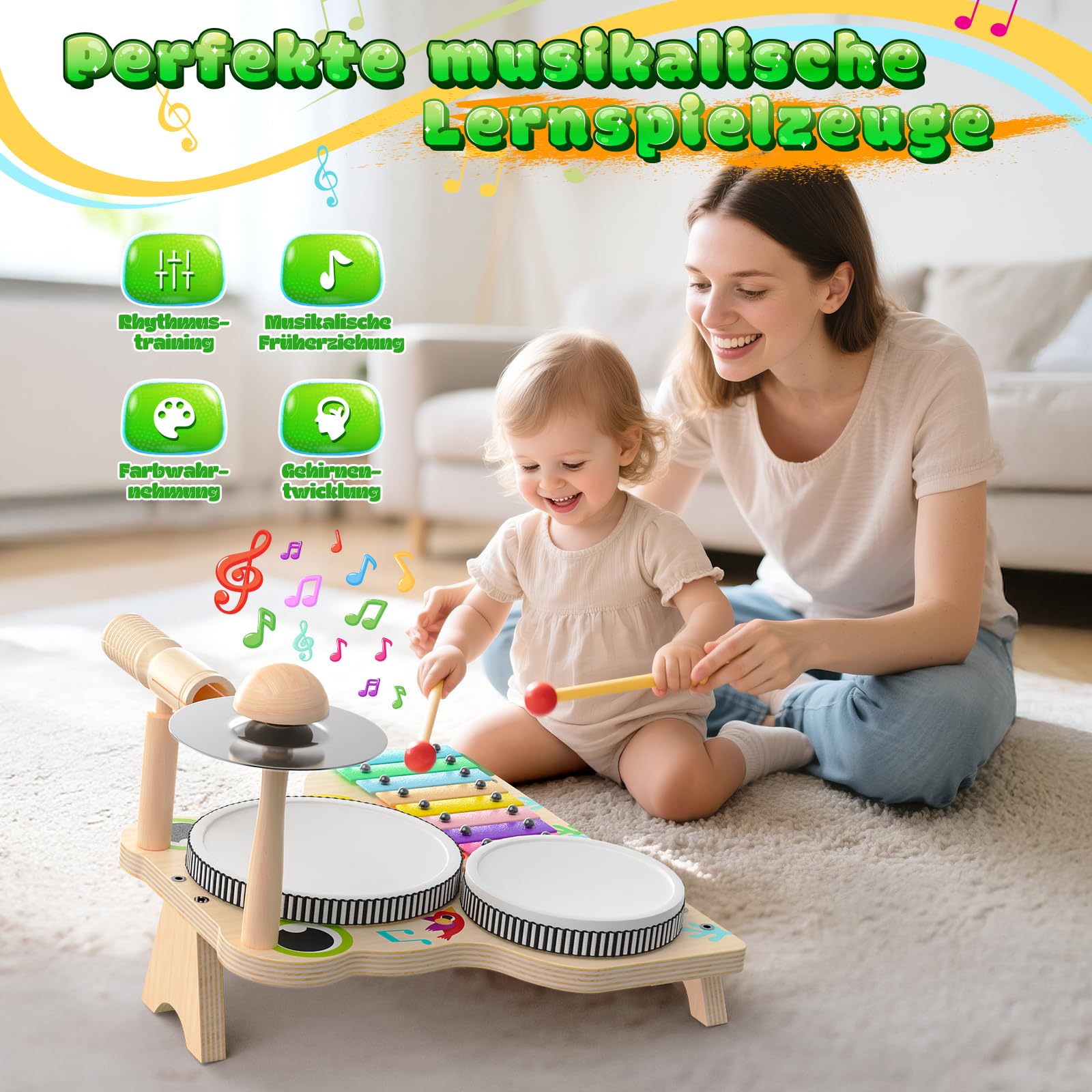 Skirfy Musikinstrumente für Kinder, Holzspielzeug Schlagzeug Set mit Trommelstöcken & Xylophon, Lernspielzeug für Jungen & Mädchen ab 3 4 5 Jahren, Montessori Sensorik Spielzeug-Early Learning Toy