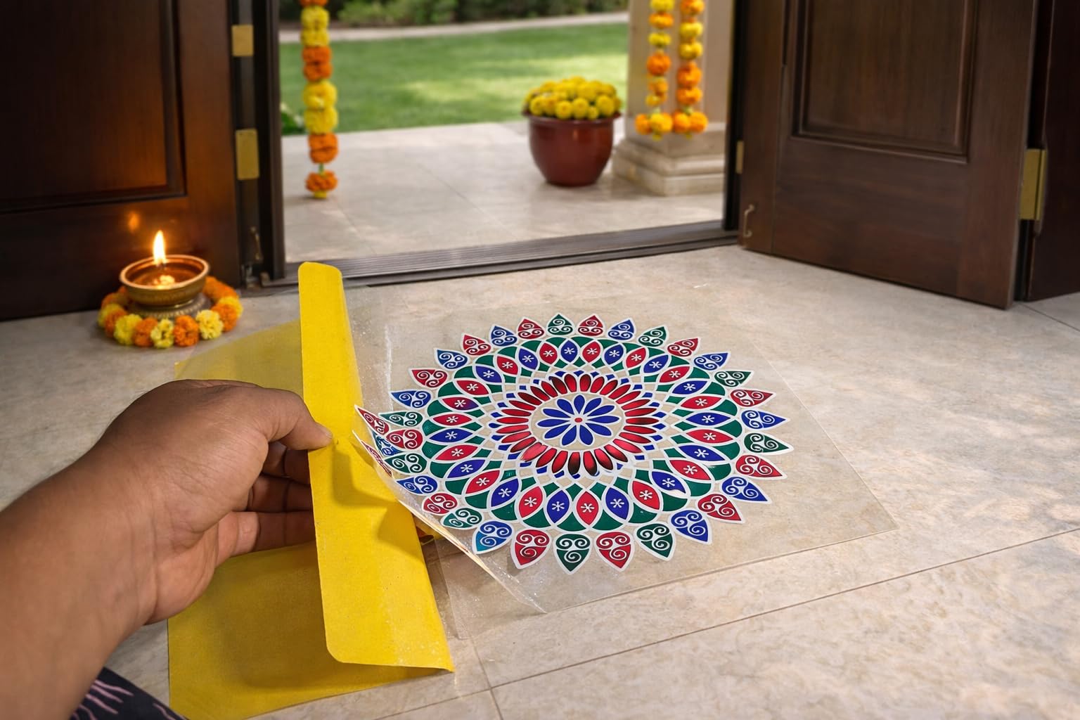 Rangoli Stickers for Diwali Decoration – Set of 6 Peel & Stick Waterproof Floor Kolam Stickers | 4 Square Rangoli + 2 Border Strips | Easy Apply Self-Adhesive Pooja Home Entrance Decor by AARUDHRA 2
