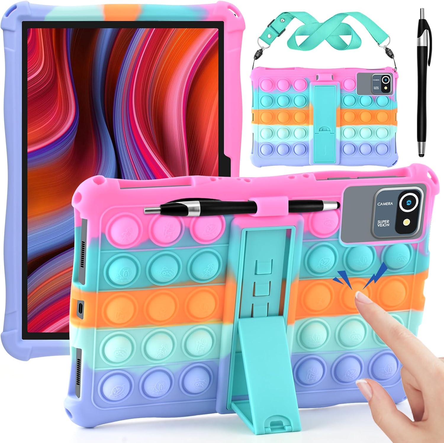 DETUOSI 11 inch Tablet Case Compatible with COLORROOM Android 14, AOCWEI X800, with Shoulder Strap and Stylus Pen, Multi-Angle Protective Cover for TECLAST P50, Xgody Q16, Dazzling Pink