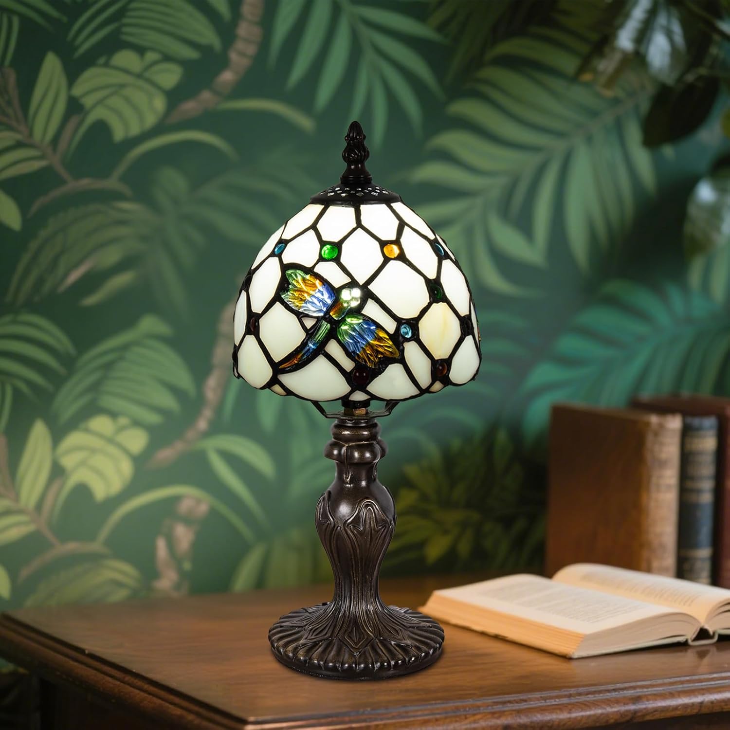 Small Tiffany Table Lamp, 3 Color-Temperature Dragonfly Stained Glass Lamp,6 Inch Tiffany Style Lamp for Bedroom Living Room Home, Handcrafted Light, Included Bulb (Warm White)