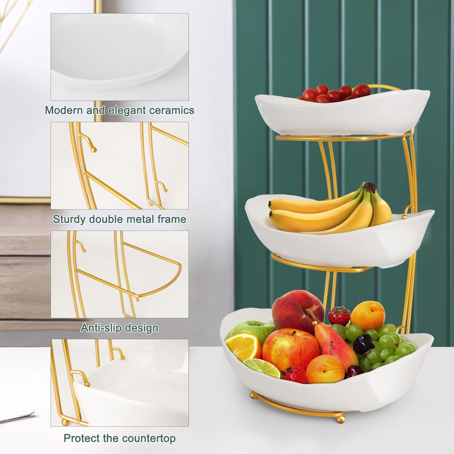3 Tier Fruit Bowls for Kitchen Counter, White Ceramic Serving Bowls with Gold Metal Stand, Tiered Fruit Basket Display Rack for Fruits Vegetable Snack Nuts Cake Dessert Storage