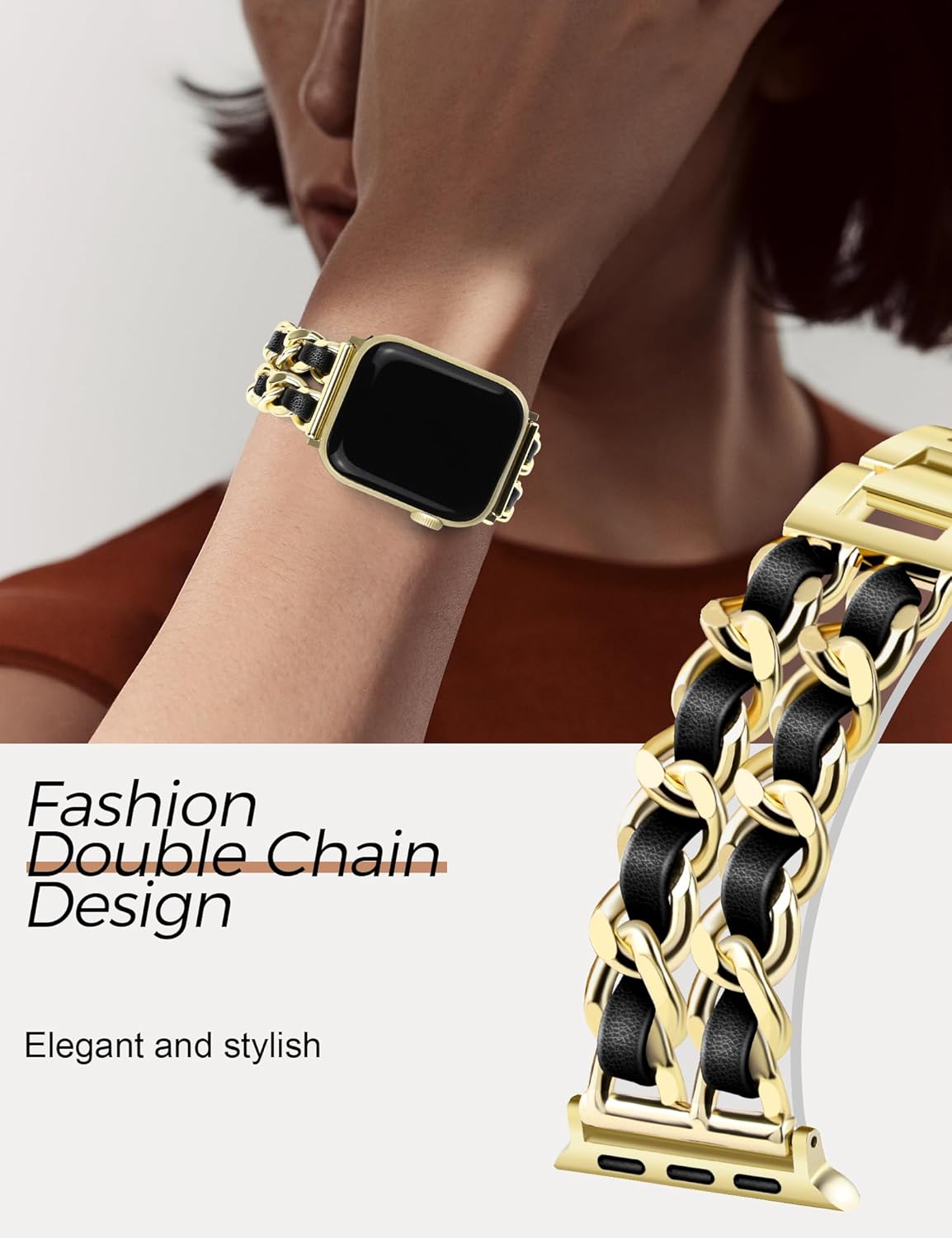 JR.DM Gold Watch Bands for Women Compatible with Apple Watch Band Leather 42mm(S3/2/1) 44/45/46/49mm Adjustable Metal Bracelet for iWatch Series1/2/3/4/5/6/7/8/9/10/11 SE 3/2/1 Ultra1/2/3 (No Case) - Image 3