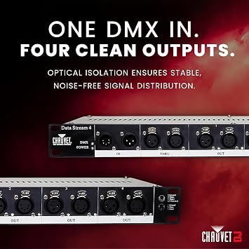 CHAUVET DJ Data Stream 4 Universal DMX-512 Optical Splitter, One Input to Four Isolated Outputs, 3 and 5-Pin DMX Connections, Thru Port Linking, 1U Rack Mount Design