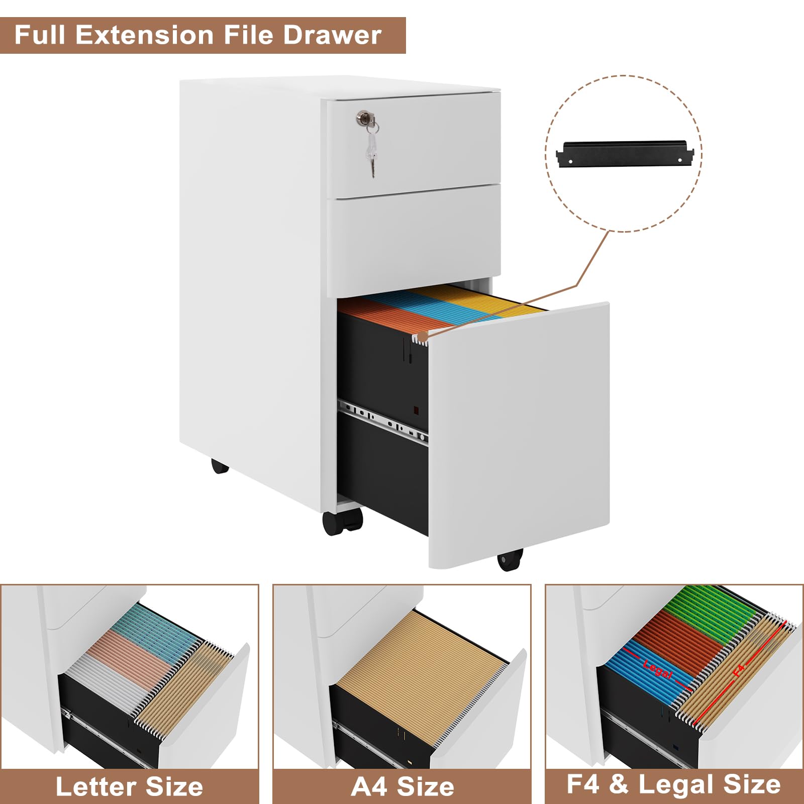 WOLTU Caisson de Bureau Mobile, Meuble de Rangement pour Dossiers Suspendus Format A4, Caisson sur roulettes, Armoire Documents avec 3 Tiroirs Verrouillables, en Métal, Blanc, 30x45x60 cm, ASK10ws