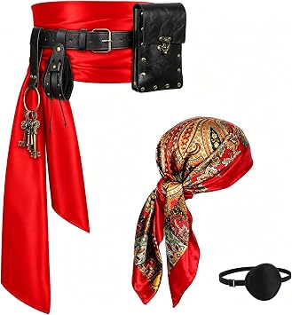 Renaissance Pirate Belt with Pouch Waist Bag, Pirate Head Scarf 7-Pack