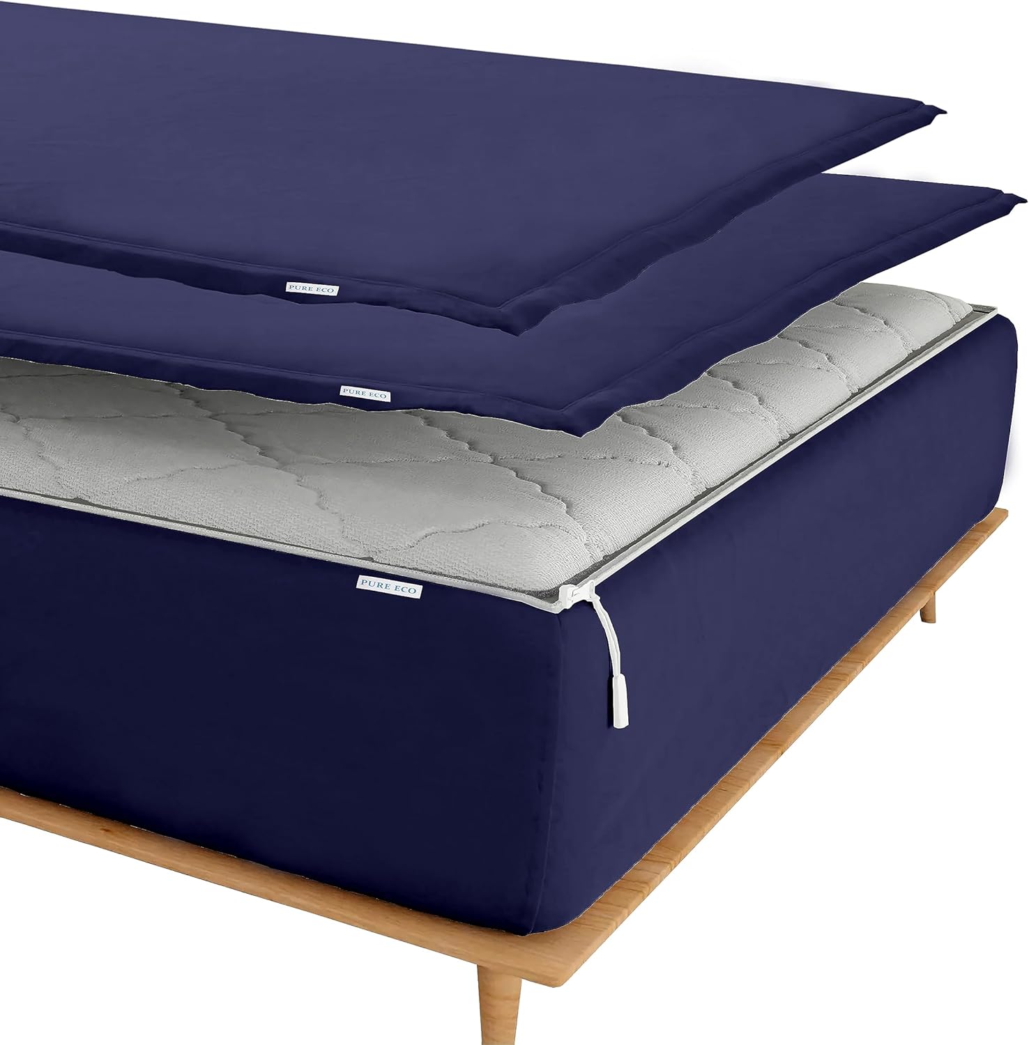 Zip On Sheets King Split Top Flex Head Fitted Sheet for Adjustable Bed - Zipper Sheets King 18" in. Deep, 32" Split Top - Includes 1 Fitted Sheet Base & 2 Zip On Sheets - 600 TC Cotton - Navy Blue