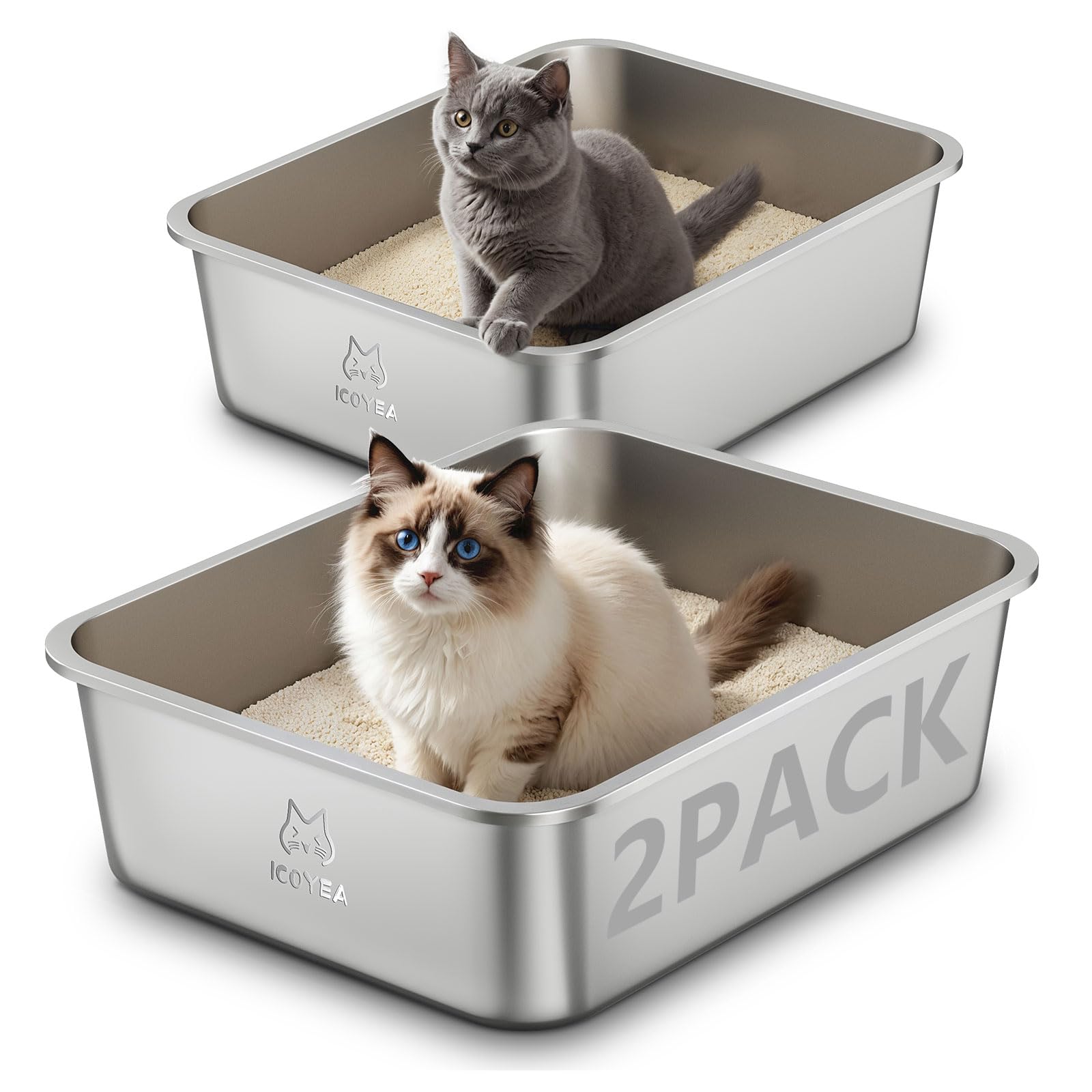 2-Pack Stainless Steel Cat Litter Tray, Cat Litter Box for Large and Small Cats, High Sided Metal Litter Tray, Cats Toilet for Kitten Rabbit and Guinea Pig, Non-Stick (2PCS, 17.5"L×13.6"W×5.9"H) — image 1