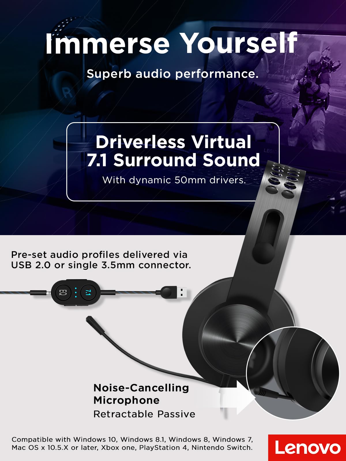 Lenovo Legion H500 Pro 7.1 Surround Sound Gaming Headset, czarny