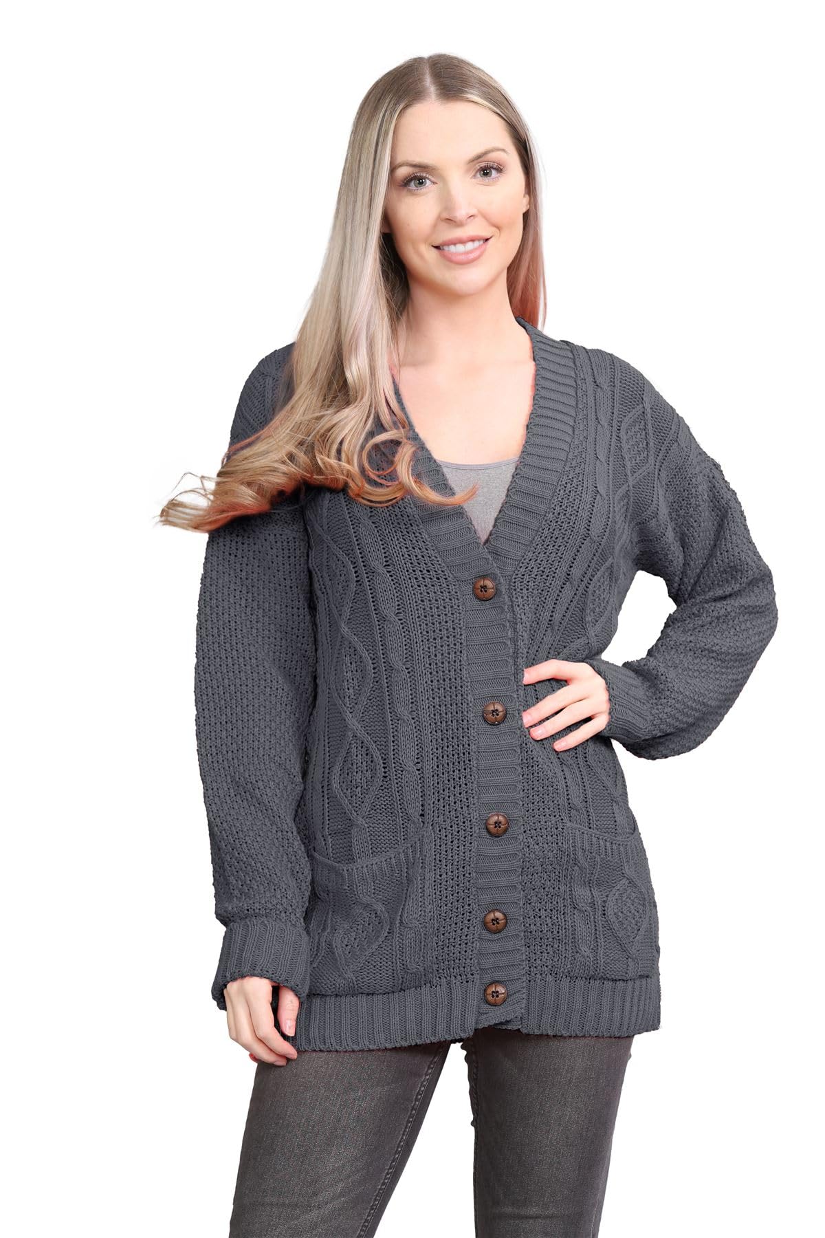 Janisramone Women's Charcoal Janisramone® Long Sleeve Chunky Cardigans For Uk, V Neck Button Up Cable Knit Cardigans, Warm Winter Long Jumpers Top For Casual And Daily Knitwear Cardigan