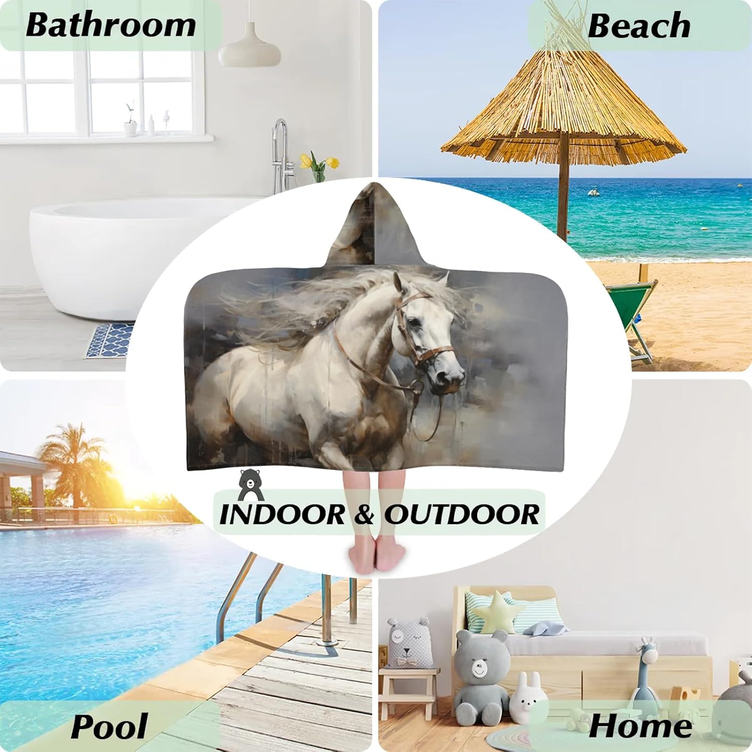Running Horse Hooded Towels for Kids Absorbent Soft Pool Swim Beach Bath Towel for Boys Girls, 24 in x 50 in