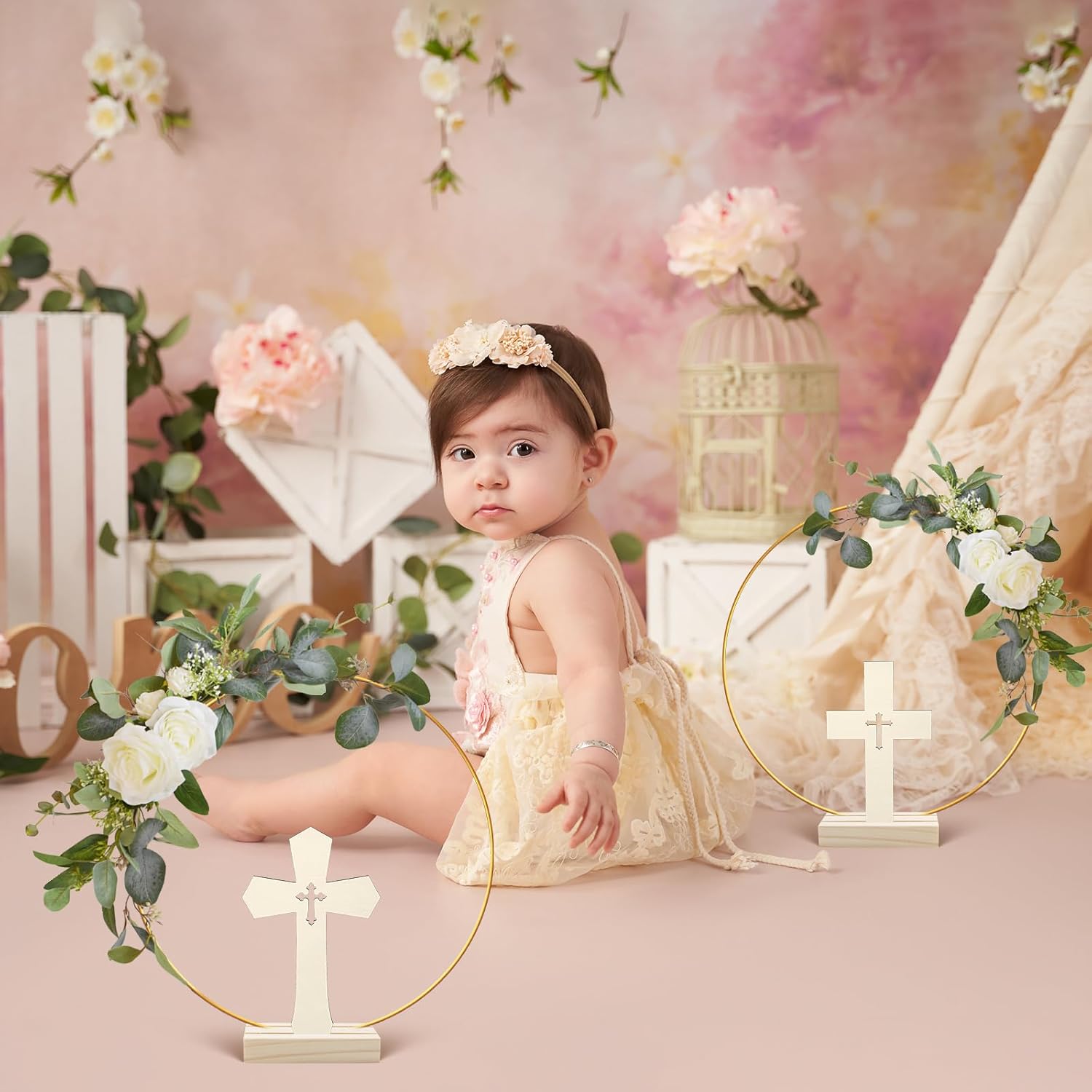 24 Pcs Baptism Centerpiece Decoration for Tables First Communion 12 Standing Wood Crosses for Craft 12 Metal Floral Hoop Centerpiece with Stand for Party Wedding Home Decor