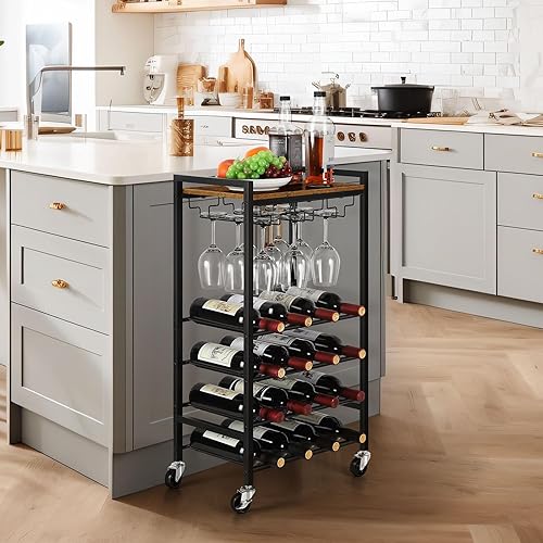 OYEAL Estante para vino de pie con 16 botellas, soporte para botellas de vino, armario de licor, carrito de bar con 9 soportes de vidrio para