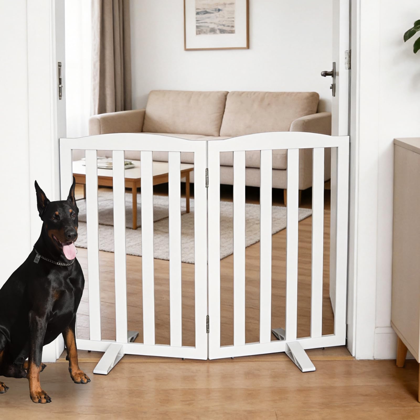 SFJC Freestanding Panel Dog Gate for Indoor, Doorways,Stairs,Hallways,Foldable Wooden White Dog Gates for House,Pet Gate for Dogs,Dog Fence, Puppy Gate,Support Feet Included,32 "Height-2 Panels — image 1
