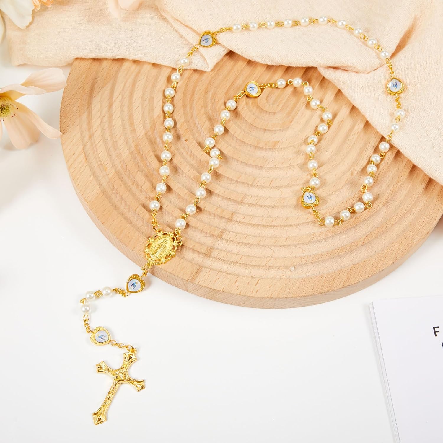 ROCEEI Catholic Glass Pearl Beads Rosary Necklace 6 mm Beaded Cross Necklace with Crucifix and Rosary for Women