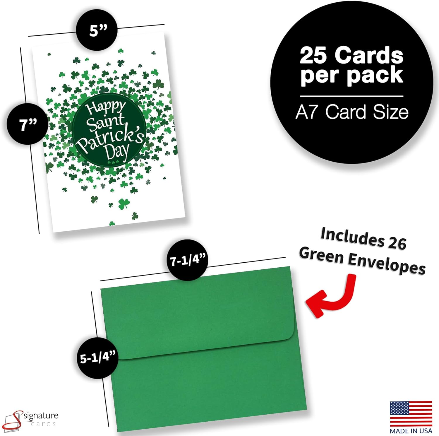 Happy St. Patrick's Day Cards for Family & Business (Clovers) Saint Patrick Bulk Greeting Card Set Pack of 25 with Green Envelopes (5x7 inch - A7) Great for Office, Work, Employees & Clients HSP100