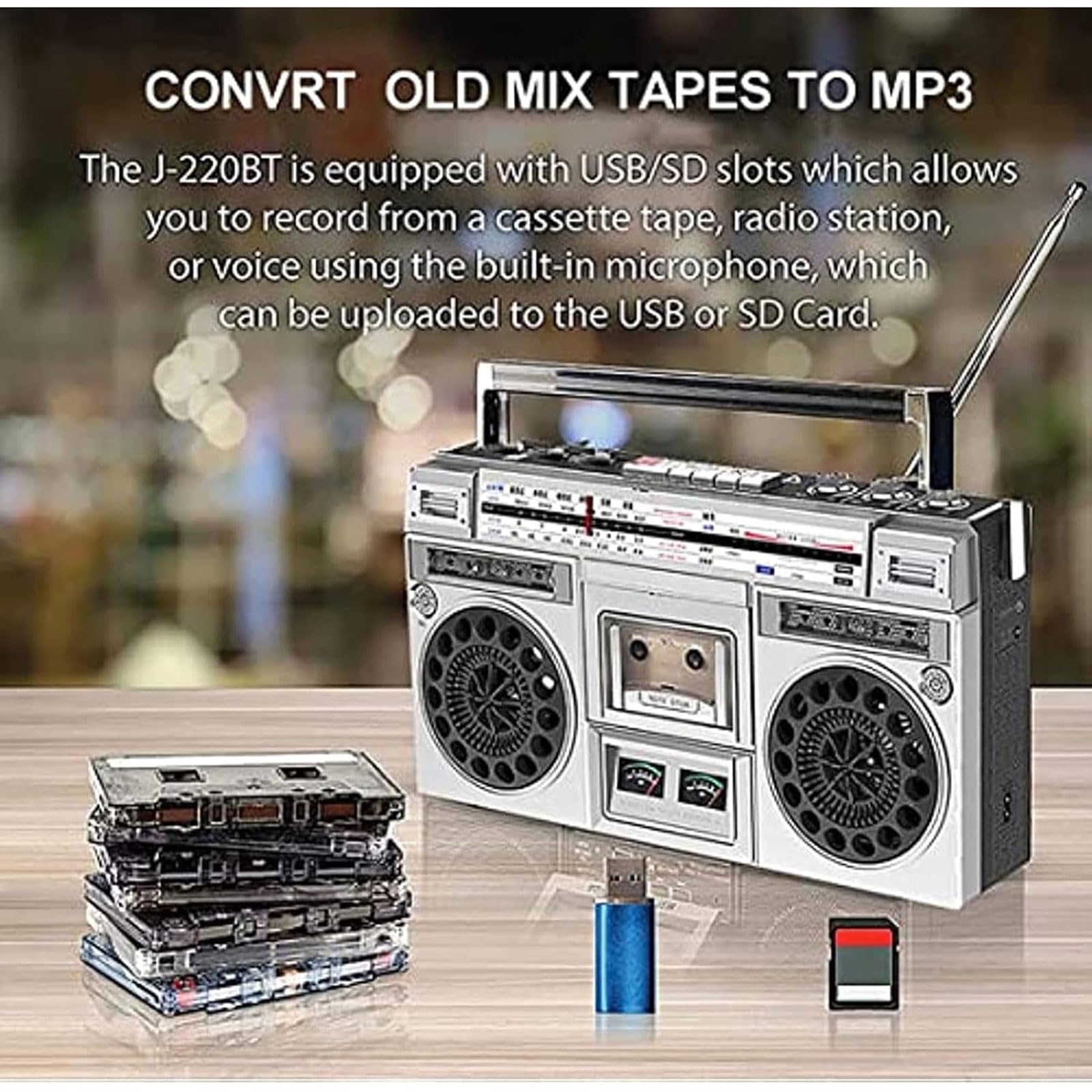 Odtwarzacz kasetowy stereo, styl lat 80., retro odtwarzacz CD, Boombox, radio AM/FM, obsługa wejścia SD/USB, głośnik Bluetooth do podróży, na imprezę, kemping, spotkania