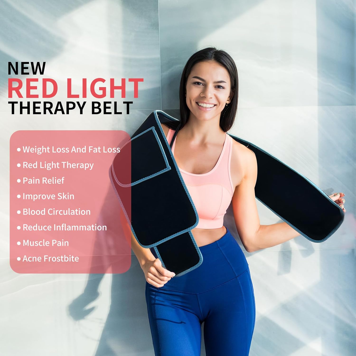 Red Light Infrared Therapy Belt: Pain Relief Device LED Red Light Therapy Lamp Near Body Large Pad Wrap with Timer Control for Back Shoulder Waist Muscle Black