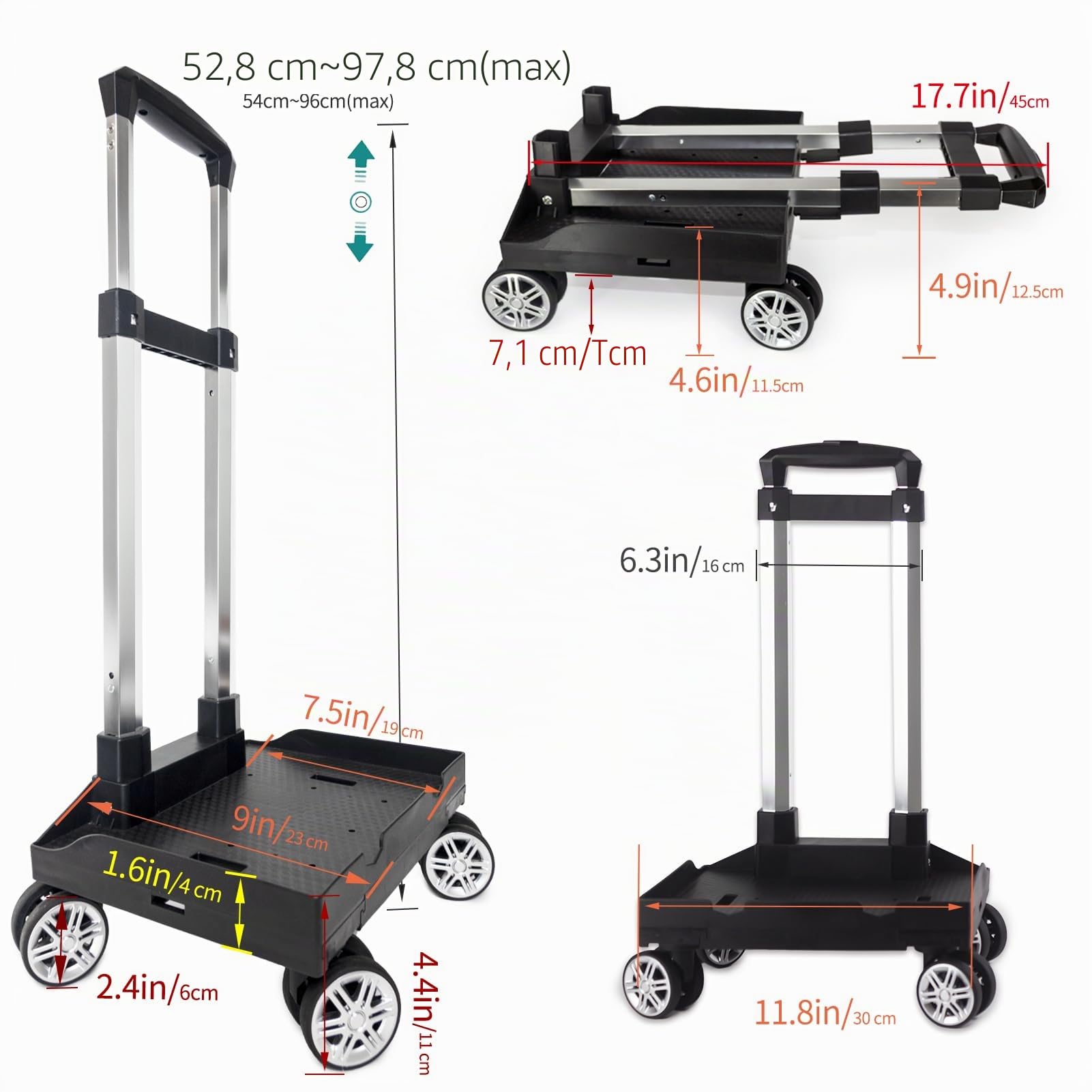Rucksack Trolley Rollwagen, Faltbare Aluminiumlegierung Handkarre mit Randbasis, 4 Räder, Gepäckwagen mit Gepäckgurt für Kinder, Jugendliche, Erwachsene, Schule, Reisen, Black-L08