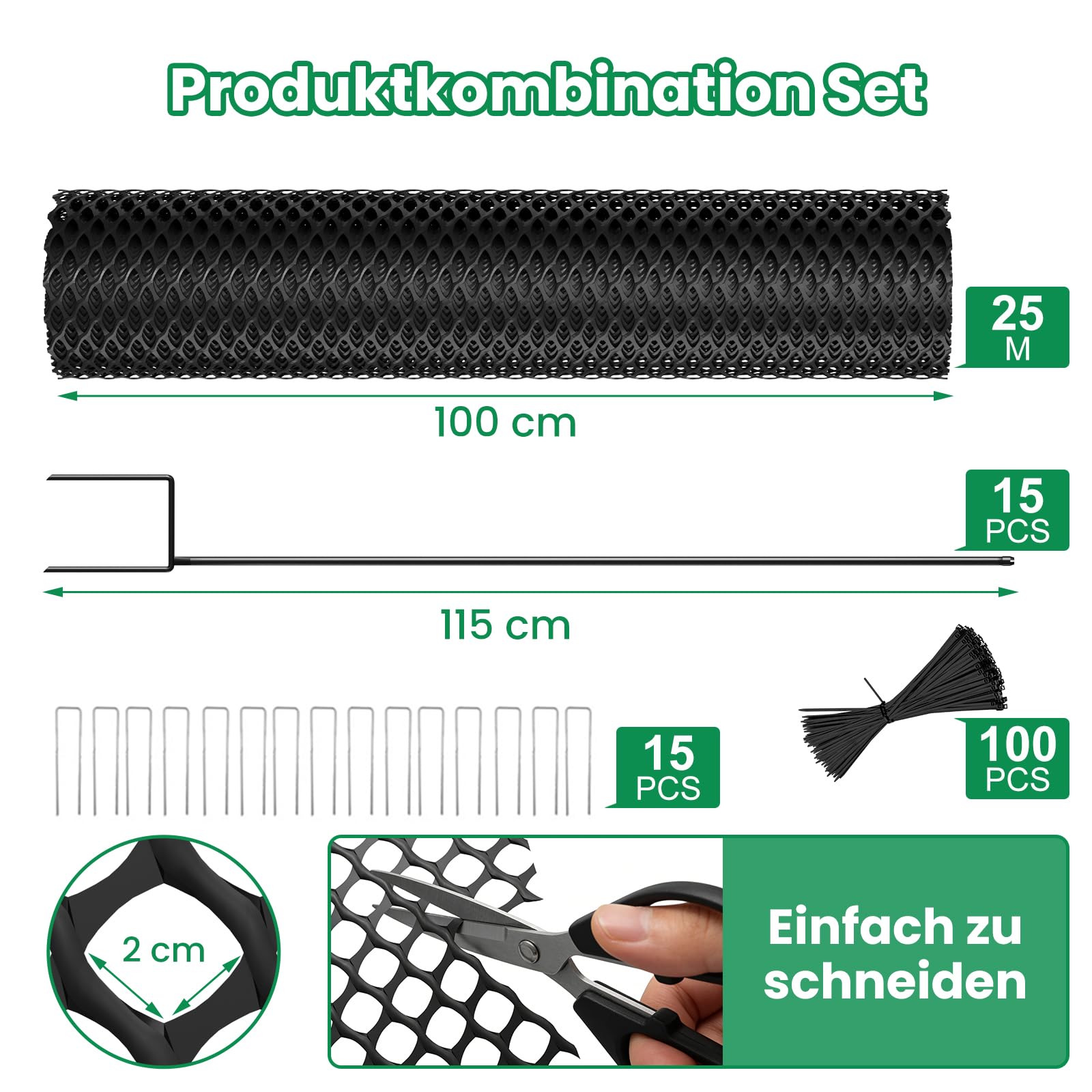 SUNYRISY Hühnerzaun Gartenzaun 100cm hoch, 25m lang Mobiler Hundezaun Weidezaun Steckzaun Geflügelnetz Begrenzungszaun Maschendrahtzaun Schafzaun, 15 x Pfosten, Schwarz Diamond