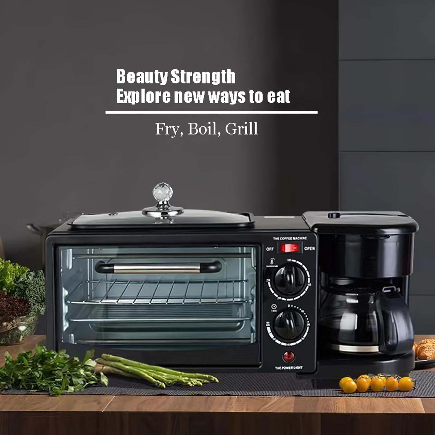 3-in-1 Breakfast Machine Multifunctional Household Sandwich Breakfast Machine with Toaster Oven, Coffee Maker & Non-Stick Griddle with Timer for Bread, Coffee, Eggs, Bacon