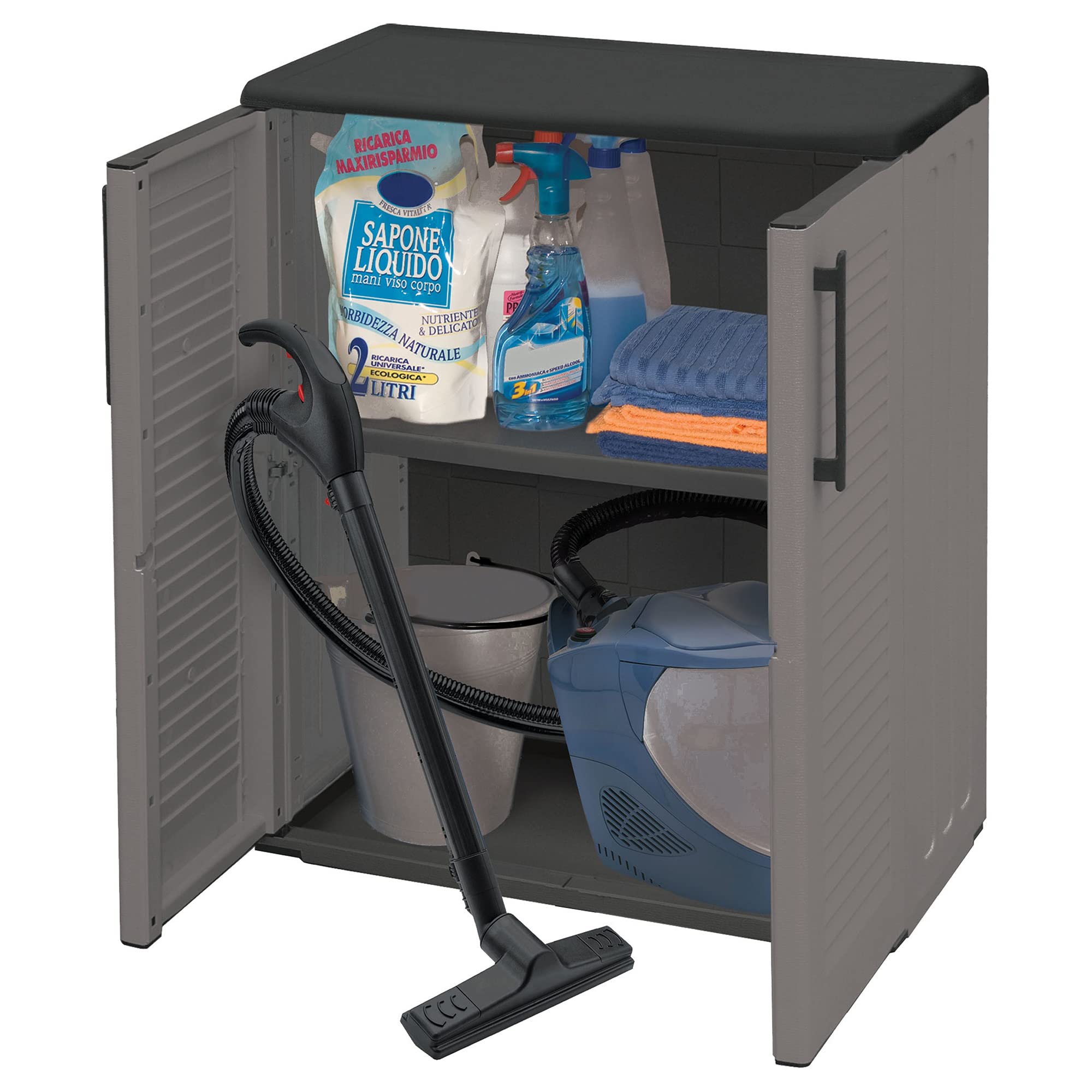 Uniwersalna szafa na zewnątrz lub wewnątrz, niska szafa na ubrania z 2 drzwiami i 1 regałem z polipropylenu, 100% Made in Italy, 68 x 37 wys. 84 cm, kolor szary