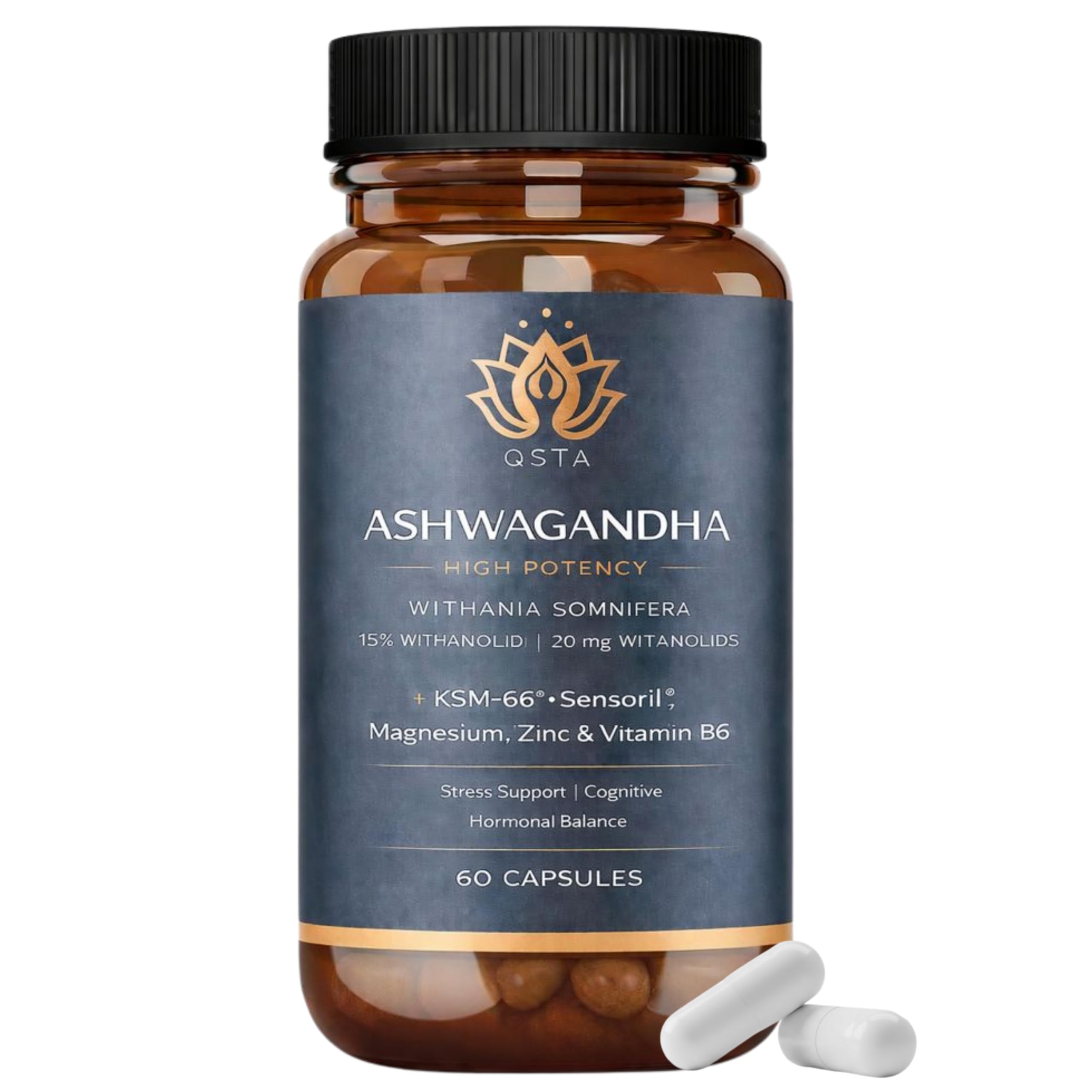 Ashwagandha KSM 66 + Sensoril (15-20% Withanolides) Cortisol Reducing Supplements for Deep Sleep, Energy, Concentration and Stress Relief. 2 Month Supply Ashwagandha High Strength KSM 66 Capsules