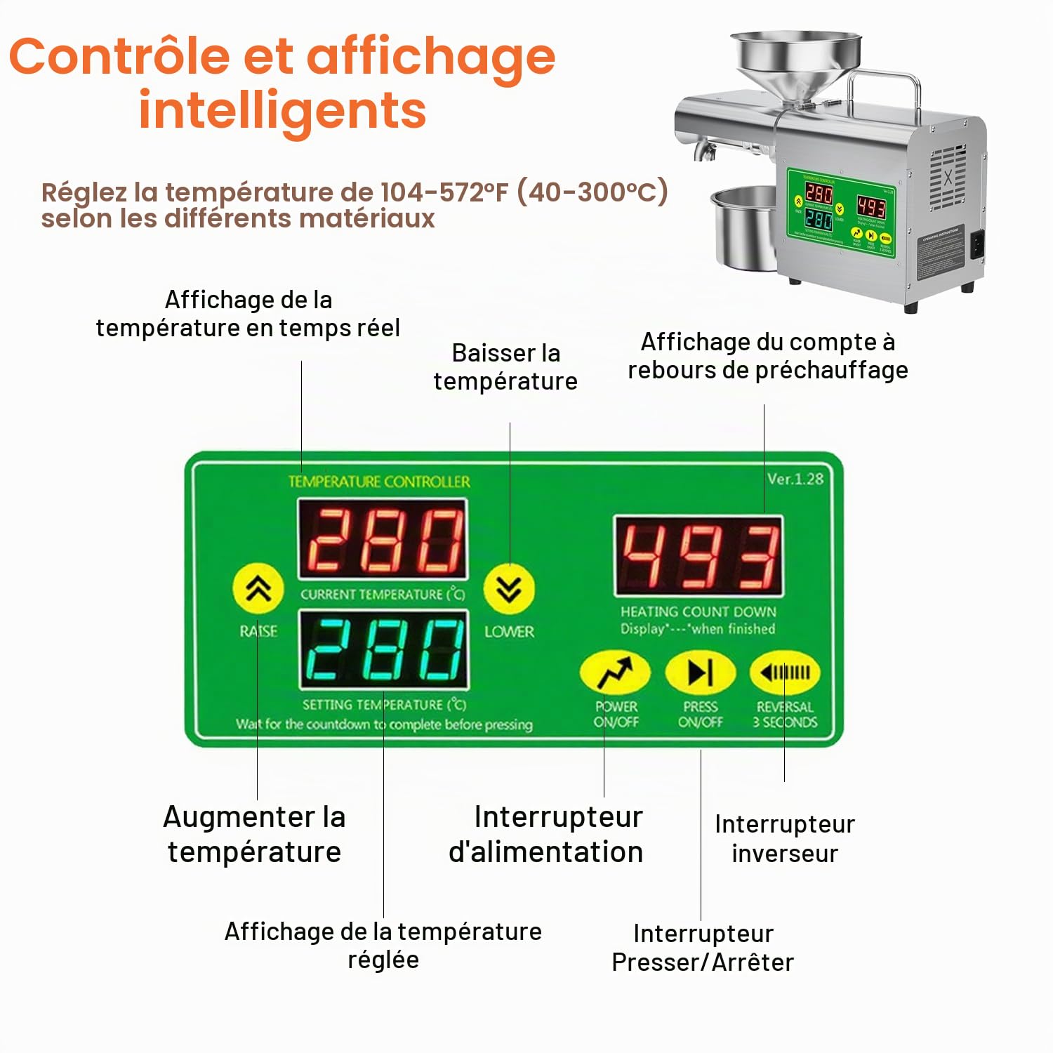 Presse à huile 1000W, extracteur d’huile intelligent à froid et à chaud avec affichage de température, expulseur en acier inoxydable pour plus de 20 graines et noix, usage domestique