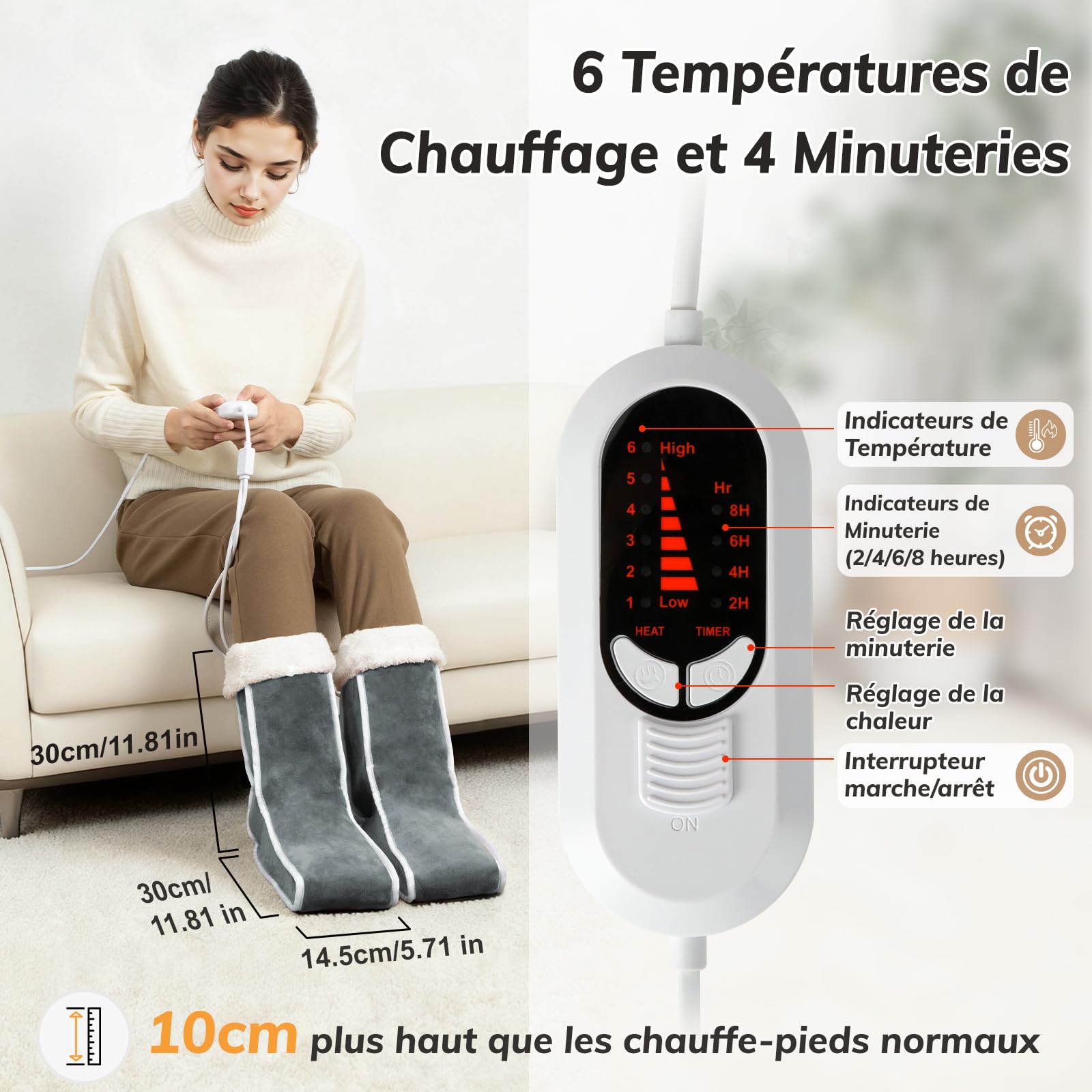 Chauffe-Pieds Électrique Séparé pour Femmes et Hommes, Chauffe-Pieds Chauffants avec Couverture des Mollets, 6 Réglages de Température, 4 Minuteries, Lavable en Machine, Doublure Douce