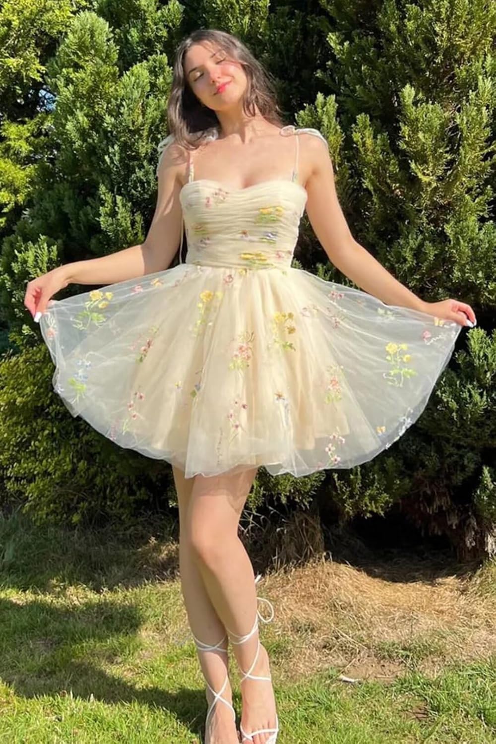 Women's Tulle Flower Embroidery Short Homecoming Dresses Spaghetti Straps A Line Graduation Party Dresses