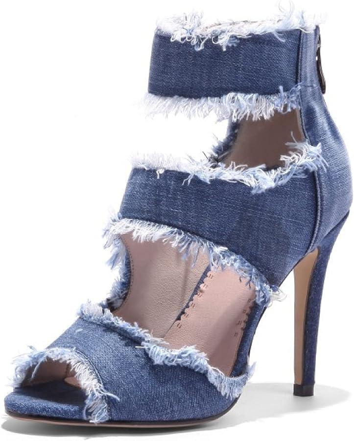 Amazon.com | QSCQ Womens Peep Toe Heeled Sandals Fashion Denim Cut