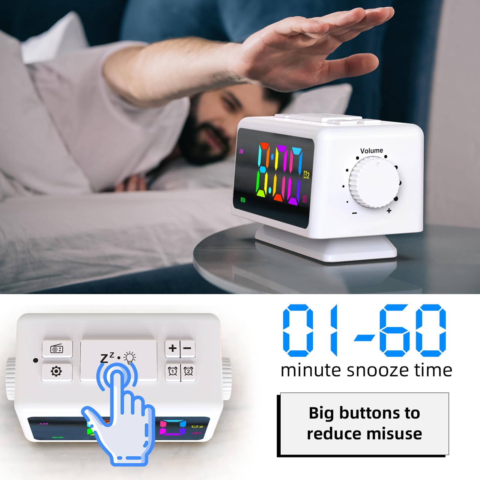 ThreeH Réveil Radio RGB avec Affichage de l'heure 12 Niveaux Volume et de luminosité Alarme FM pour Les Enfants 12/24 H Deux Ports Charge USB Blanc