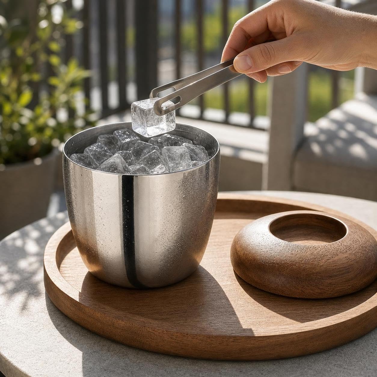 Cubitera Acero Inoxidable con Tapa y Pinzas para Hielo, Estilo Europeo, para Camping