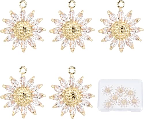 Beebeecraft 12 unidadescaja de 3 estilos de circonitas cúbicas de girasol, chapado en oro de 18 quilates, dijes de flores de latón con anillo de